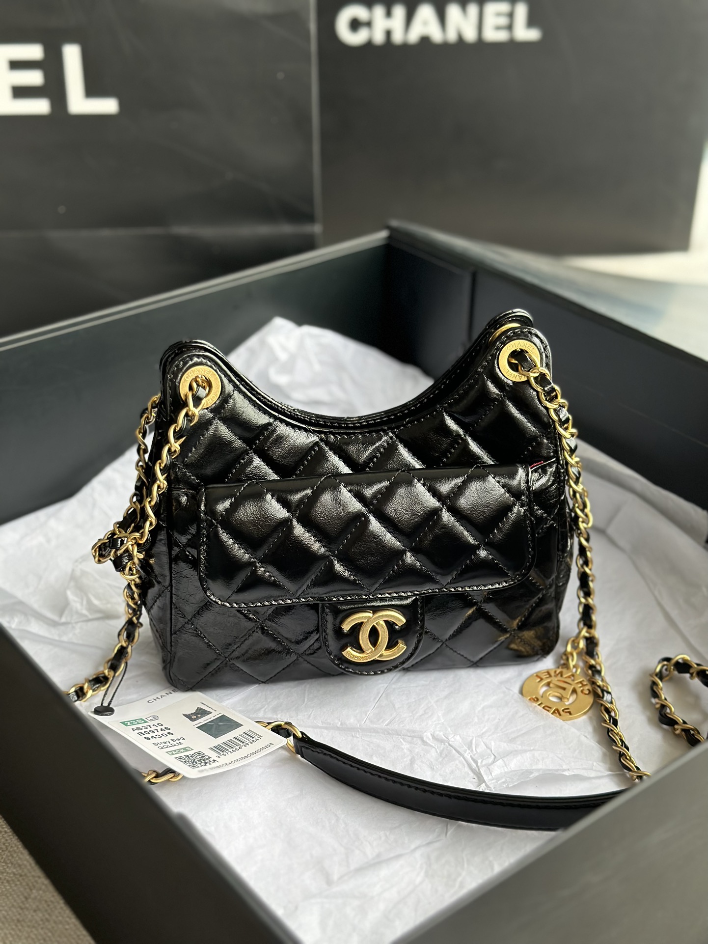 Chanel AS3710 Small HoBo Bag Shiny Crumpled Calfskin Gold-Tone Metal Black