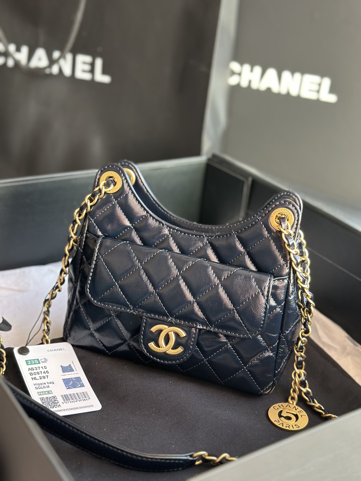 Chanel AS3710 Small HoBo Bag Shiny Crumpled Calfskin Gold-Tone Metal Blue