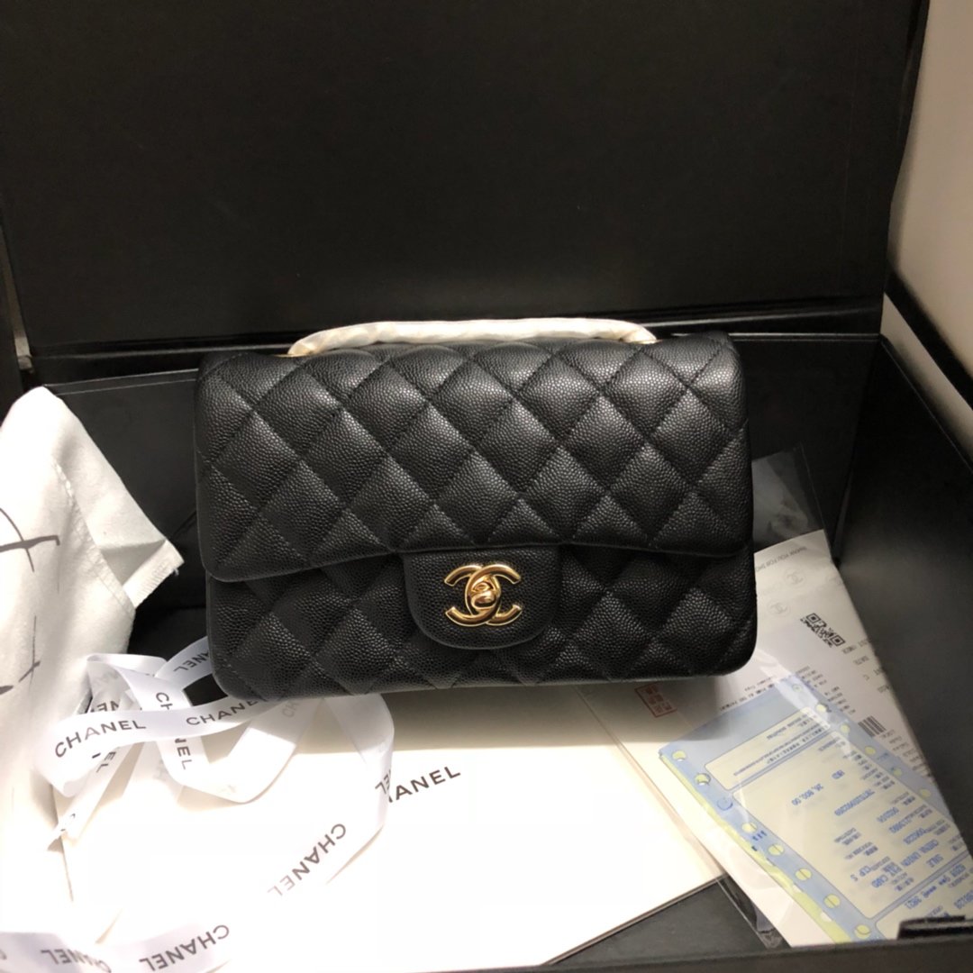 Copy Chanel Classic Flap Bag 20cm Grained Calfskin Gold-Tone Metal Black