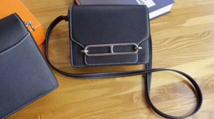 Hermes Roulis Black Swift Calf Togo Leather Shoulder Bag With Silver Hardware