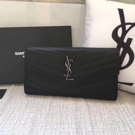 Saint Laurent Large Monogram Flap Wallet In Black Grain De Poudre Textured