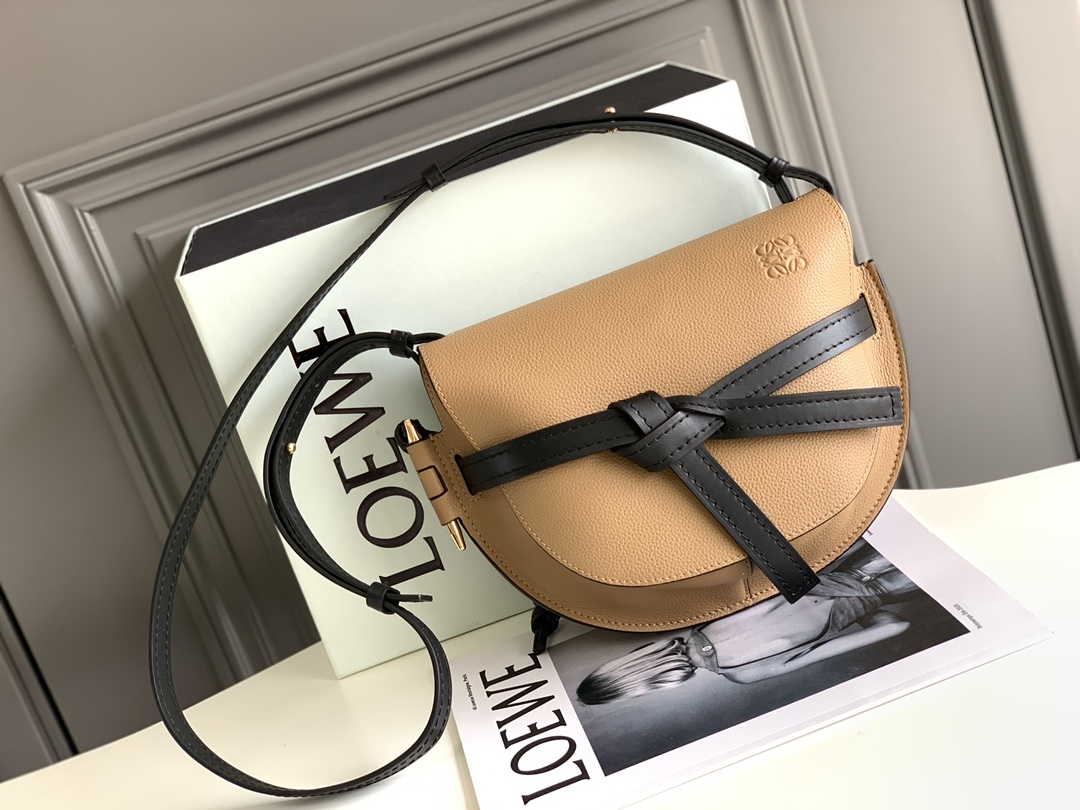 Top Sale Loewe Small Gate Dual Bag in Pebble Grain Calfskin Dark khaki In UK Replica